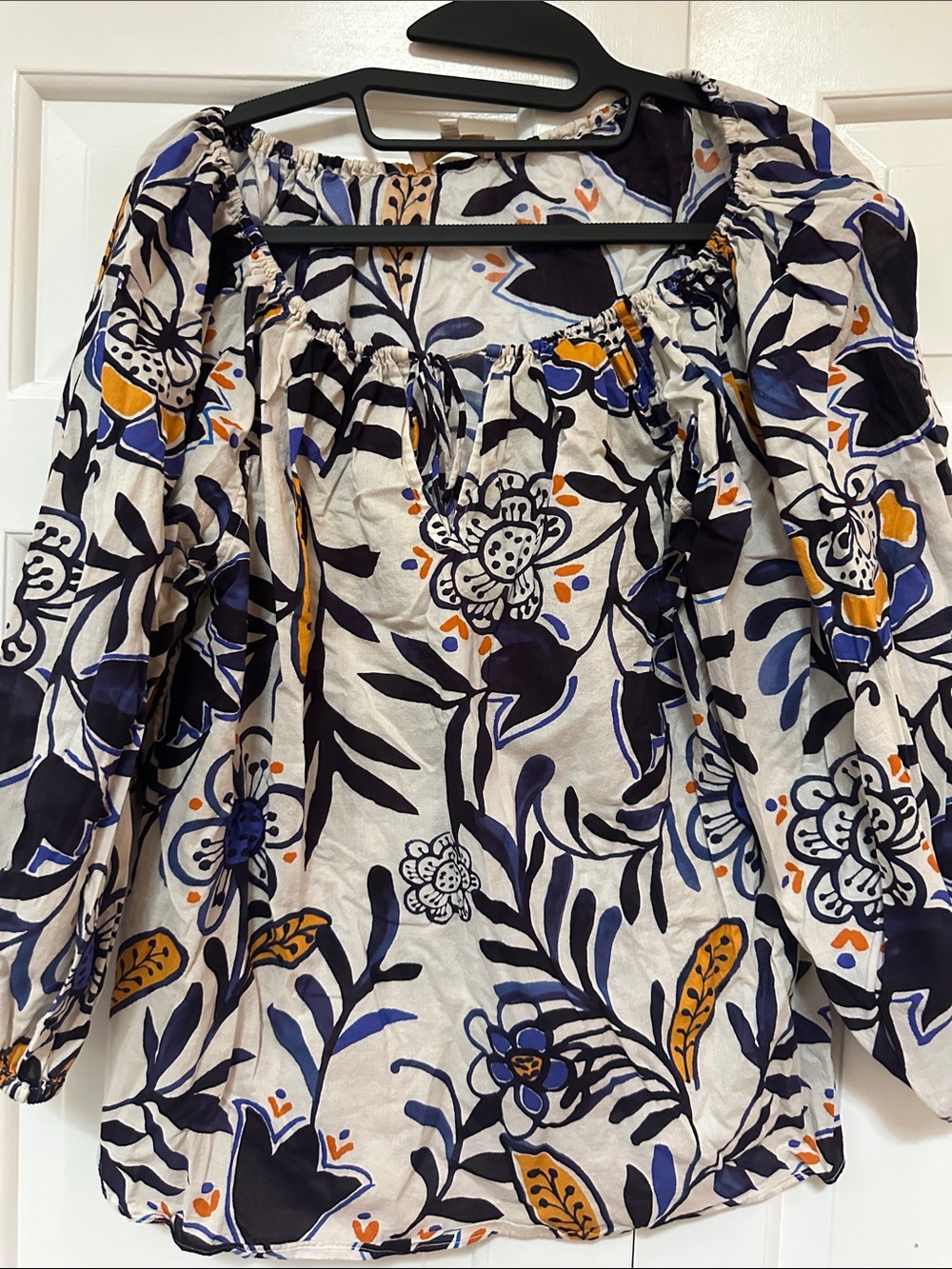 ANN MASHBURN Cream Floral Blouse with Navy & Mustard Accents